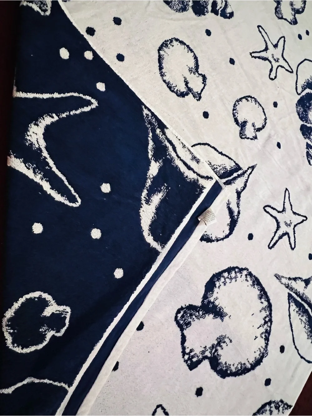 Navy Blue And White Seashells Beach Towel